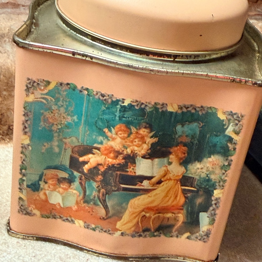Vintage Decorative Peach  Pink‎ Metal Canister with Cherub Panel Victorian